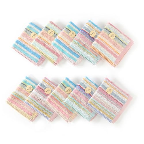 ハンカチタオルセット 個包装ギフトパッケージ 10枚入り 25x25cm ハンドタオル コットン100% ミニタオル 無撚糸 色柄お任せ ふわふわ 通学 通勤 景品 プレゼント 贈り物 プチギフト… (マルチカラーストライプ)