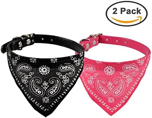 Ollypet Small Dog Collar Bandana 2 Pcs Puppy Cute Accessories Scarf Faux Leather Neckerchief for Kitten Cats Chihuahua Black Pink