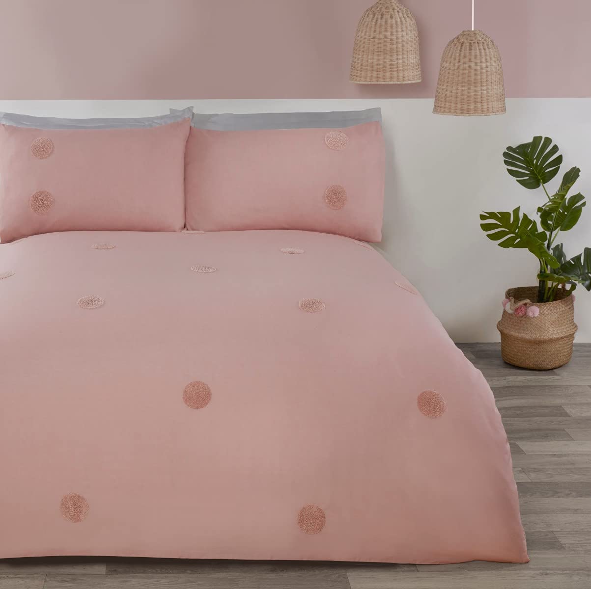 Sleepdown Embroidered Tufted Polka Dot Circles Blush Pink Luxury Soft Cosy Easy Care Duvet Cover Quilt Bedding Set with Pillowcases - Double (200cm x 200cm) 5056242836025