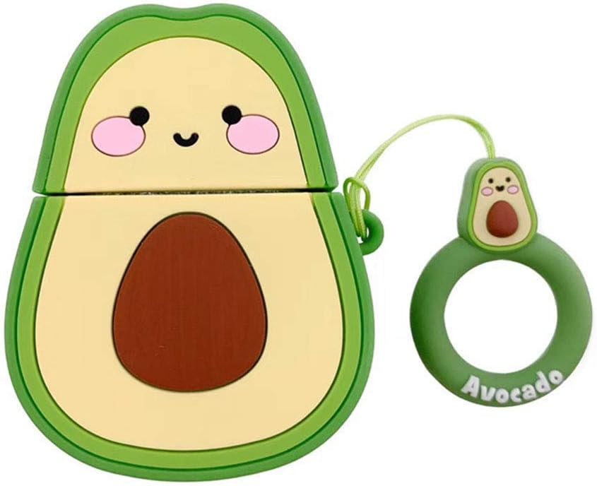 Skoveph Super Cute Avocado Airpods Case, 3D Cartoon Soft Silicone Protective Mini Bag Cute Creative Airpods 1 & 2 Stand Cover with Finger Loop (Avocado)