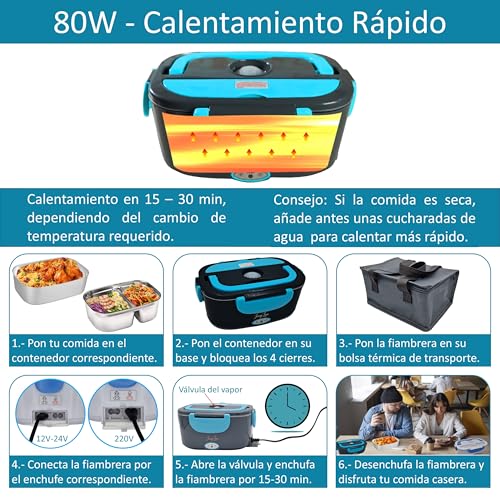 JessyLine Professional and elegant portable electric lunch box 80W 12V/24V/220V Multifunction car truck office Heats fast food Single and double packaging Stainless steel 1.5L Black blue-light