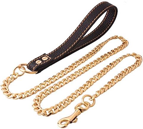 4FT Dog Leash Chew Proof Gold with PU Leather, 18K Gold Plated Stainless Steel Dog Walking Chain for Pitbull German Shepherd, Hold Dog Chains with Quick Release Clips for Small/Medium/Large Breed