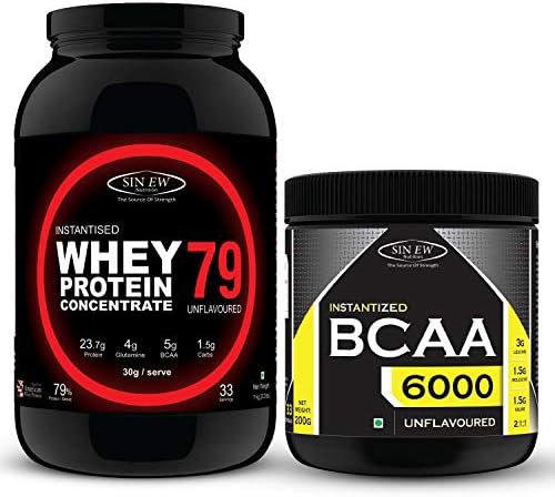 Sinew Nutrition Instantised 79% Concentrated Whey Protein 1 Kg (Unflavoured) & Instantized BCAA 2:1:1, 200gm/0.44lb (Tangy Orange)-25 Servings Combo