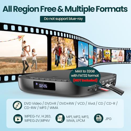 Desobry TV DVD Player With USB/TF Input, Built-in HDMI PAL/NTSC, Multizone, HDMI/RCA Cable, Memory Function