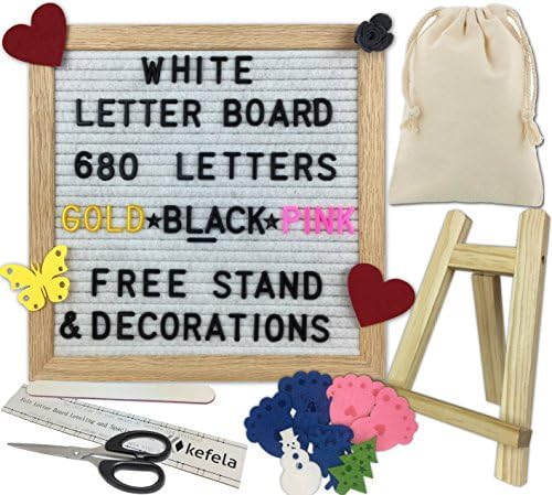 White Felt Letter Board 10x10 - Stand, Decorations, Bag, Scissors, File, Guide - Vintage Oak Frame &amp; 680 Changeable Black Gold Pink Letters - For Announcements, Gift, Photo Prop, Quotes, Toy, etc.