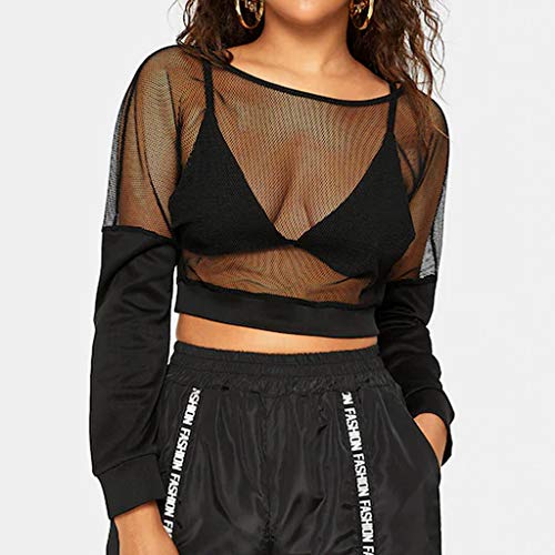 Startview Fashion Womens O-Neck Solid Mesh Patchwork Cropped Bolero Long Sleeve Tops