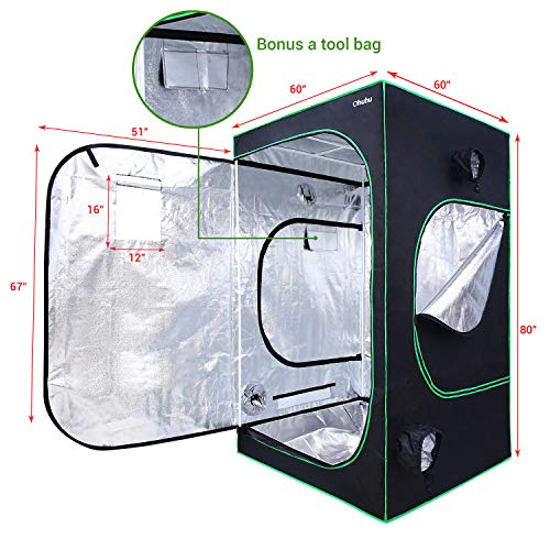 Ohuhu 60"x 60"x 80" Grow Tent with Observation Window & Tool Bag, Mylar Hydroponic Plant Growing Tent with Durable 600D Oxford Cover for Indoor Plant Growing, Gardening and Germination