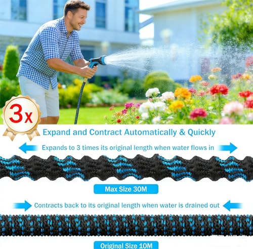Tubo Estensibile da Giardino - Migliorato Ttubo Acqua Giardino Resistente, Canna dell'acqua con Pistola da Giardino, Non-perde Gomma per Innaffiare,30 Metri Tubo Irrigazione, Tubo Flessibile Giardino