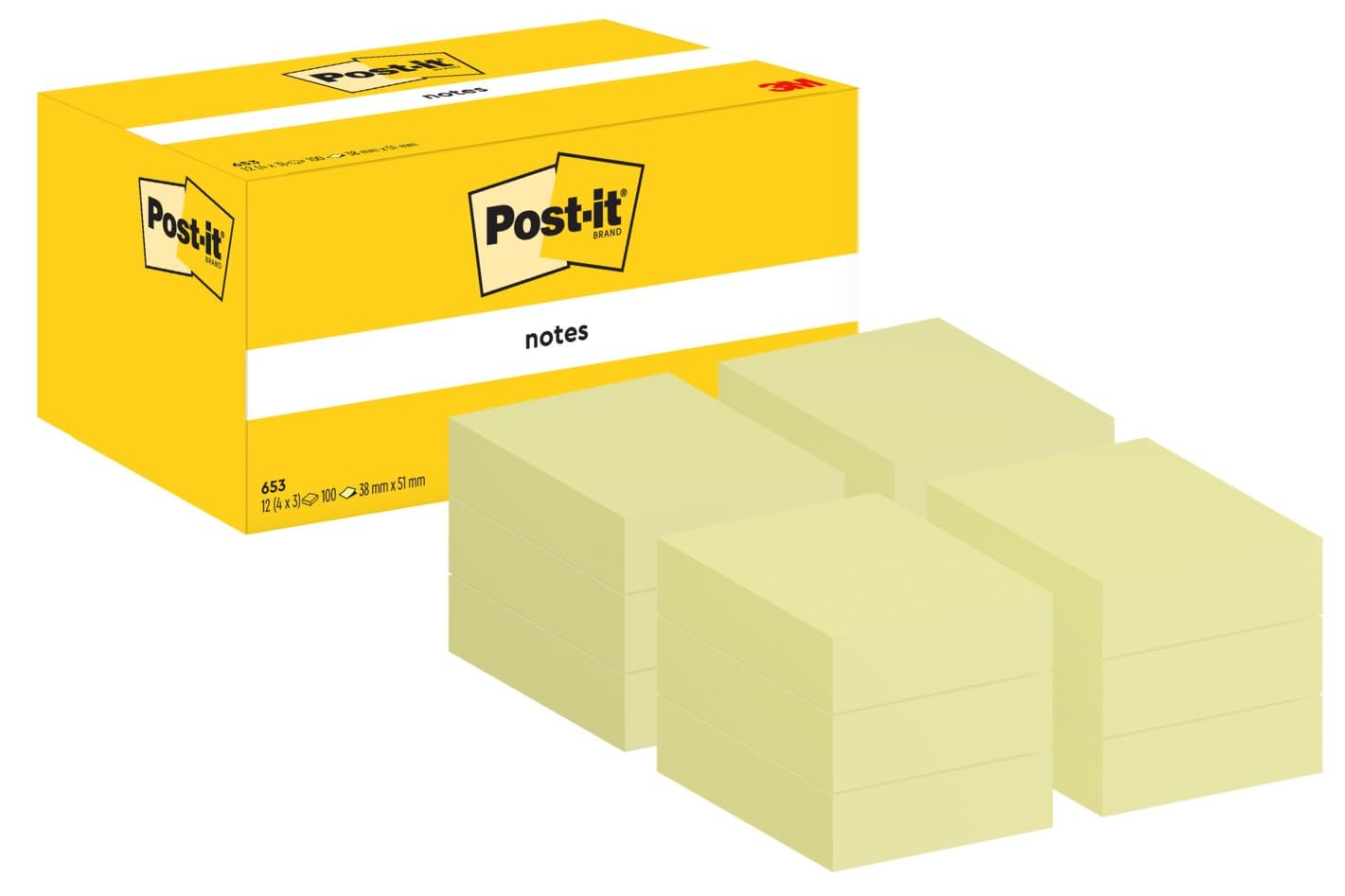 Post-it Notes, Canary Yellow, Value Pack - 12 Pads, 38 mm x 51 mm, 100 Sheets per Pad - Extra Sticky Notes for Walls, Monitors and Fridge