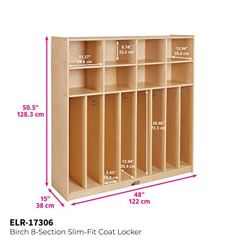 ECR4Kids Birch 8-Section Slim-Fit School Coat Locker with Hooks and Storage for Kids, 48" Wide