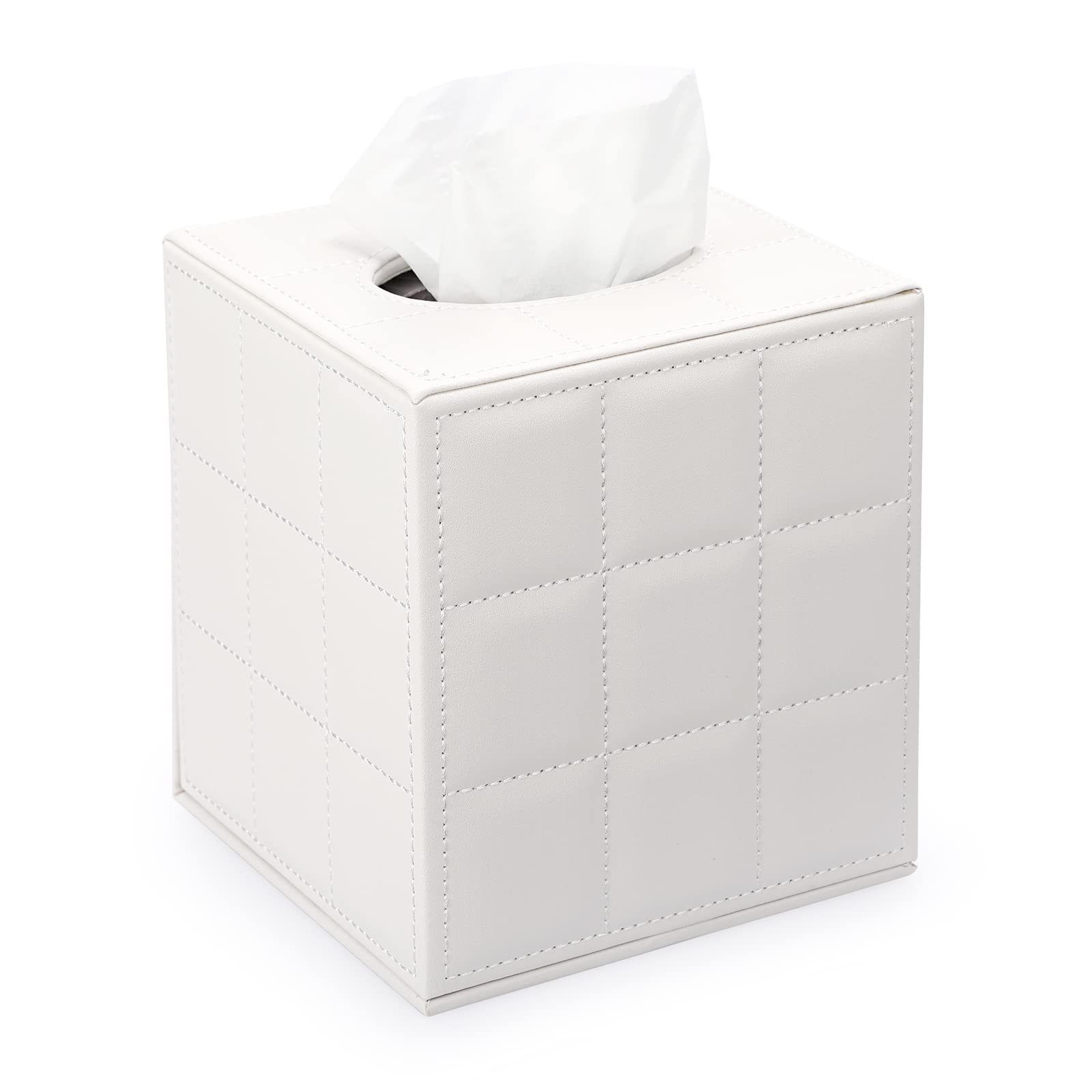 Sumnacon Stylish PU Leather Tissue Box Holder, Square Napkin Holder Pumping Paper Case Dispenser, Facial Tissue Holder with Magnetic Bottom for Home Office Car Automotive Decoration, Grid White