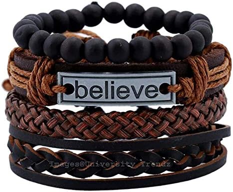 University Trendz Natural Stone Beads Inspirational Believe Words Metal Genuine Leather Bracelet for Men Casual Wear(Set of 4)