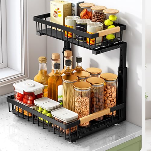 Under Sink Organizer, Height Adjustable kitchen organizers and Storage, Space Saver 2 Tier Pull Out Drawer Cabinet Shelf Storage Rack for Kitchen Bathroom organizer, 1 Pack