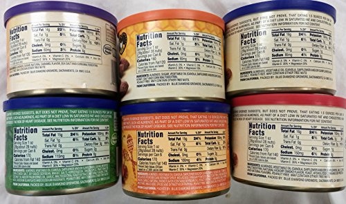 Blue Diamond Almonds Nut Variety Snack Pack in a Gift Box. Includes: 6-6 ounce Cans of Blue Diamond Flavored Almonds. Bundle of 6, 1 of Each Flavor