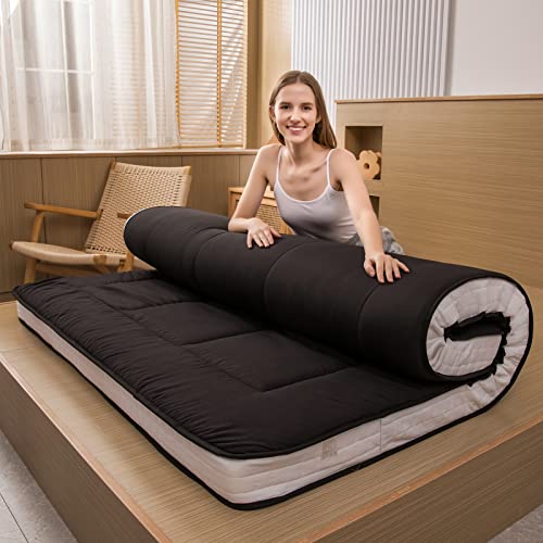 MAXYOYO Japanese Futon Mattress Floor Padded Quilted Mattress Topper, Extra Thick Sleeping Pad Foldable Breathable Floor Lounger Guest Bed for Camping Sofa (Black, King)