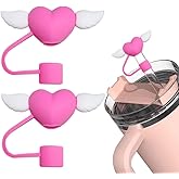 2Pcs Hearts Straw Cover for Stanley Cup, 10mm Silicone Straw Covers Cap for Stanley Cup Accessories, Cute Topper for Tumblers, Cap Stopper for Reusable Straws (White Wings Pink)