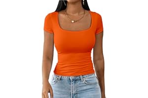 Dwnval Womens Summer Sexy Square Neck Tops Double Lined Short Sleeve Shirts Slim Fit Crop Top