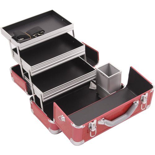 Hiker HK3101CRRD 3-Tier Professional Aluminum Case with Extendable Trays and Brush Holder, 15-Inch, Crocodile Texture Printing, Red - Thumbnail 2