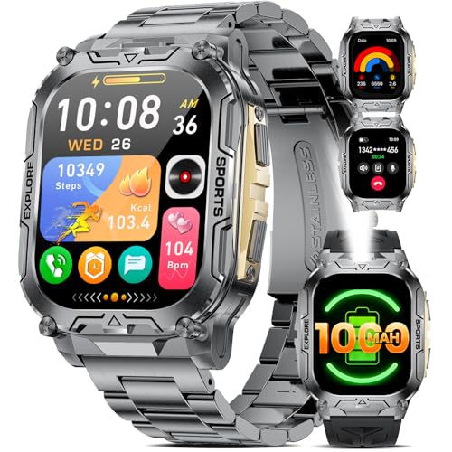 Reloj inteligente militar para hombre con batería de 1000 mAh/función de teléfono, pantalla grande de 2,01 pulgadas, reloj de fitness con frecuencia cardíaca/monitor de sueño/200+ modos deportivos