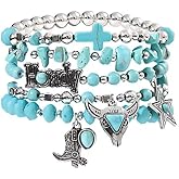 Todu 5 Pcs Western Cowgirl Turquoise Beaded Stretch Cow Boot Feather Charm Bracelets Bohemian Stackable Summer Beach For Women Jewelry Gift