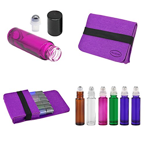 Refillable Roll-on Bottle Kit Include 6 Piece 10ml Roller Bottles Essential Oil Bottle Pry Tool and Essential Oil Carry Case (6, Purple)