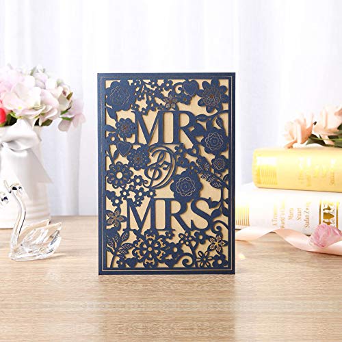 Gold Fortune 50PCS Blue Laser Cut Wedding Invitation Cards Kit with Hollow Flora Favors