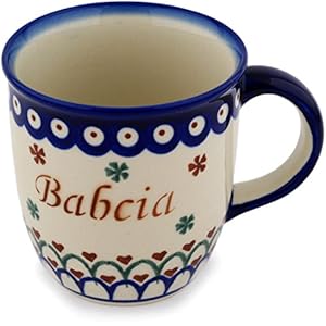 Polmedia Polish Pottery Babcia – Grandma Mug from Polish Pottery – Blue Eye with Flowers