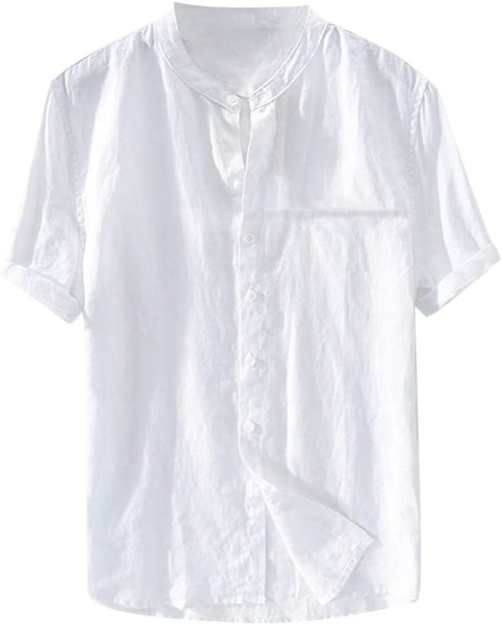 Men's Summer Vintage Solid Grandad Collar Short Sleeve Buttons Henley Neck Cotton And Linen Shirt
