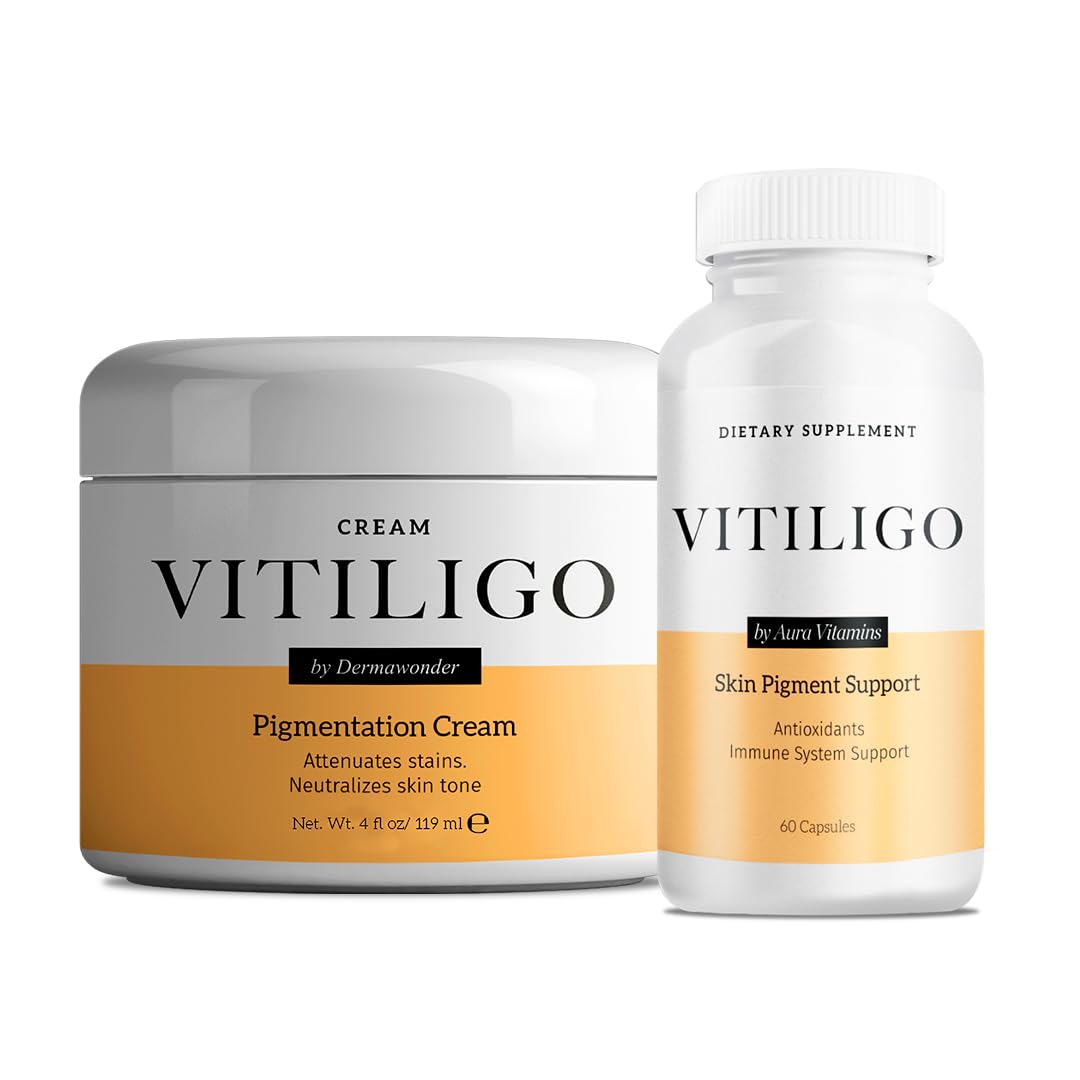 Dermawonder Vitiligo Supplement & Pigmentation Cream Set | 60 Vitiligo Capsules and 4fl Oz Cream | Reduce White Spots, Improve Skin Pigmentation & Neutralize Skin Tone | Natural Solution (1)