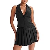 Cicy Bell Womens Summer 2 Piece Outfits V Neck Blazer Vest Matching Sets and Mini Pleated Skirts