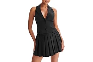 Cicy Bell Womens Summer 2 Piece Outfits V Neck Blazer Vest Matching Sets and Mini Pleated Skirts