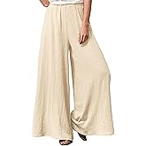 Womens Linen Pants High Elastic Waist Wide Leg Flowy Trousers Plus Size with Pockets Beige 3XL