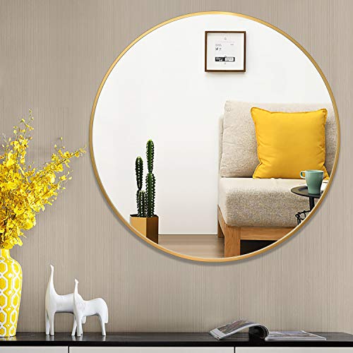 PexFix Round Wall Mirror, 36-Inch Modern Aluminum Alloy Frame Beveled Accent Wall-Mounted Decorative Mirror for Bedroom, Vanity Washrooms, Living Room & Entryway (Titanium Gold)