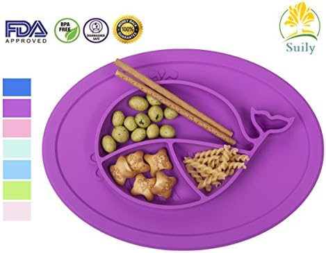 Suily Babies Highchair Feeding Tray Round Silicone Suction Placemat for Children, Kids, Toddlers,Kitchen Dining Table with Built in Plate and Bowl,Little Whale (Purple)