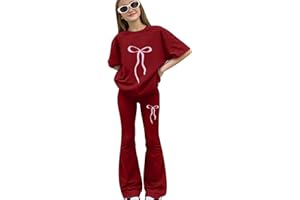 Girls Bow Outfits Kids 2 Piece Clothing Set Teens Summer Short Sleeve T Shirt Flare Pants Sets School Casual Sweatsuits
