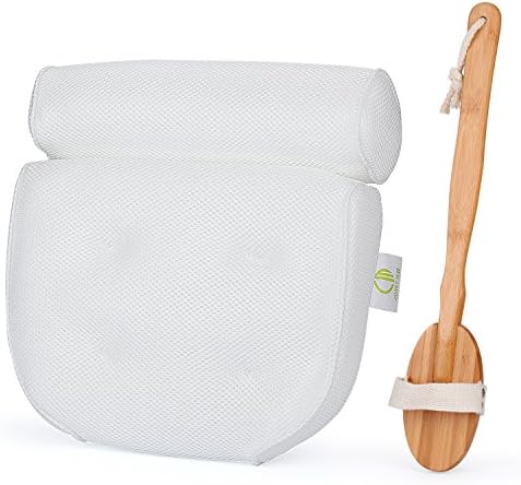 Comfy Mee Non Slip Luxury Spa Bath Pillow with 4 Large Suction Cups , Anti-Bacterial,Quick Drying, Large Size Bathtub Pillow, 14"x13"x4",Bonus With Long Handle Bamboo Bath Brush(Extra Large)