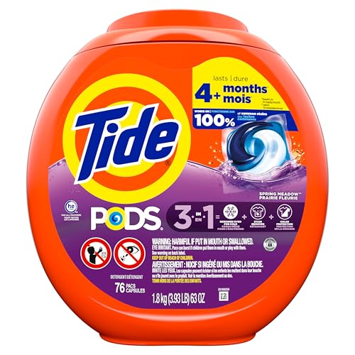 TIDE PODS LIQUID LAUNDRY DETERGENT SOAP PACS, HE COMPATIBLE, POWERFUL 3-IN-1 CLEAN IN ONE STEP, BUILT IN STAIN REMOVERS, SPRING MEADOW SCENT, 76 COUNT