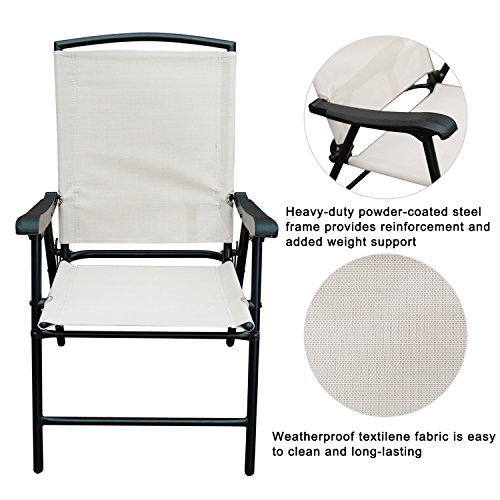 SunLife Modern Outdoor Folding Lawn Chairs with Steel Frame, Portable for Lawn, Garden, Patio, Beach Set of 2, Black Frame/Beige Fabric