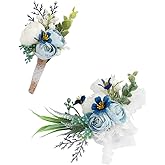 Ansofi Dusty Blue Corsage and Boutonniere Set Artificial Light Blue Rose Flower Wrist Corsage and Boutineers for Groom Groomsmen Bride Bridesmaids Prom Rustic Vintage Wedding Decor