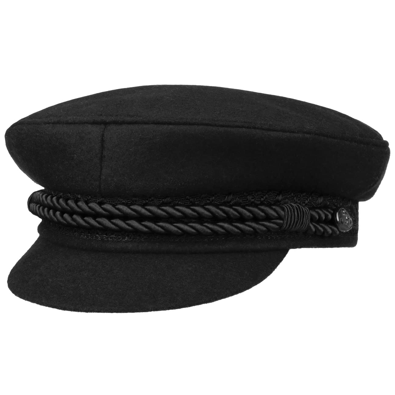 HAMMABURG Elbe Sailor hat Black for Men - Traditional Captain's hat with Lining - Fabric Sailor Cap - Made in The EU - Peaked Cap with Cord, Short Visor and Black Buttons Black 59 cm