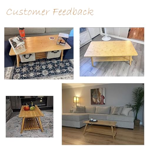 Hcosmy No Assembly Bamboo Coffee Table, 2-Tier Tea Table with Storage Shelf, Japanese Living Room Table, Space Saving Side End Table for Living Room Home Office