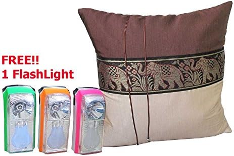 Honest Bee Presents. One Big Elephant Stripe Throw Cushion Cover/Pillow Case Thai Silk for Decorative Sofa, Car and Living Room Size 16 X 16 InchesFREE 1 Flash Light