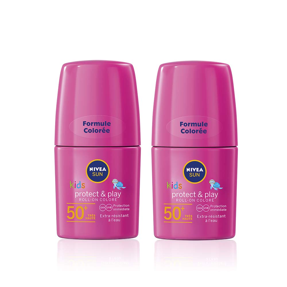 NIVEA SUN Kids Protect & Care Pink Coloured Roll-On Pack of 2 (2 x 50ml) Sunscreen with SPF 50, Coloured Roll-On Kids Suncream for Delicate Skin, Immediately Protects