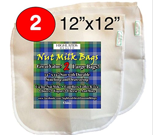 Nut Milk Bag - 2 Large 12"x12" - Reusable Commercial Grade Fine Nylon Mesh - Pulp Free Almond Milk - Tea and Cold Brew Coffee Filter - Juice and Yogurt Strainer - Cheesecloth Quality - And More