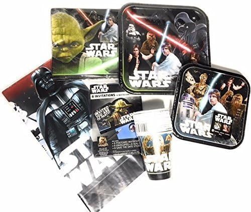 Star Wars Classic Party Supply Bundle for 8 guests - Dessert plates, Luncheon plates, Luncheon napkins, cups, Plastic table cover, Invitations