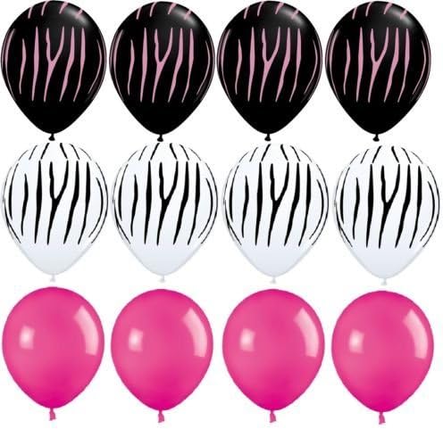 LOONBALLOON Zebra Stripes Print Black White HOT Pink Jungle (12) Party Latex Balloons Set