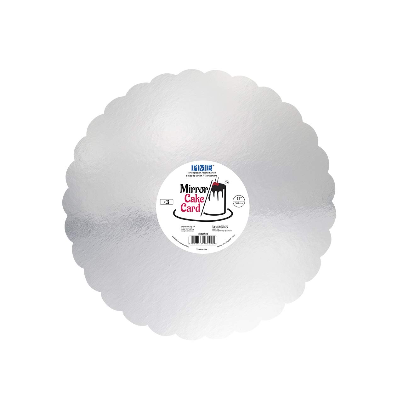 PME CMSS928 Mirror Cake Card-Scallop-Metallic Silver-Pack of 3, 30cm/12 Inch