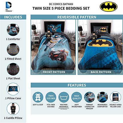 DC Comics Batman Soft Microfiber Comforter, Sheets and Plush Cuddle Pillow Bedding Set Twin Size 5 Piece Bundle Pack