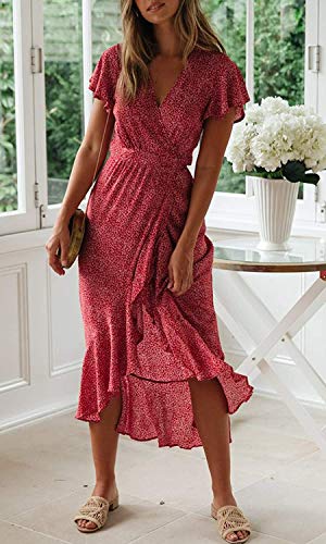 ZESICA Women's 2023 Bohemian Floral Printed Wrap V Neck Short Sleeve Split Beach Party Maxi Dress - Image 3