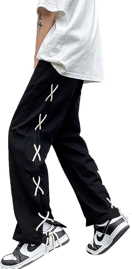 Amazon Ptorメンズ ロング丈 黒 原宿系 ゆったり ストリート ズボン 大きいサイズ カジュアル ファッション ブーツカット レースアップ 無地 韓国 ストレートパンツ おしゃれ ロングパンツ デザイン 春 夏 ボトムス ロングパンツ 通販